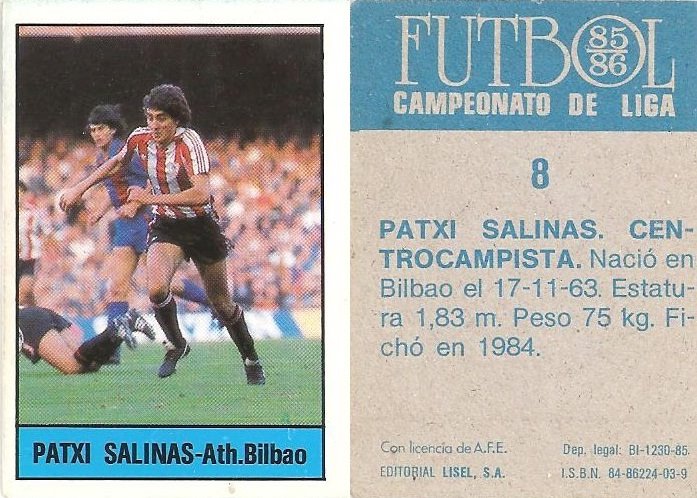Fútbol 85-86. Campeonato de Liga. Patxi Salinas (Ath. Bilbao). Editorial Lisel.