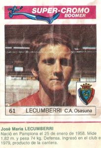 Super Cromos Los Mejores del Mundo (1981). Lecumberri (Club Atlético Osasuna). Chicle Fútbol Boomer.