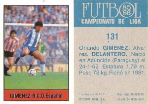 Fútbol 85-86. Campeonato de Liga. Giménez (R.C.D. Español). Editorial Lisel.