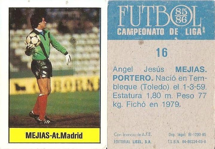 Fútbol 85-86. Campeonato de Liga. Mejías (Atlético de Madrid). Editorial Lisel.