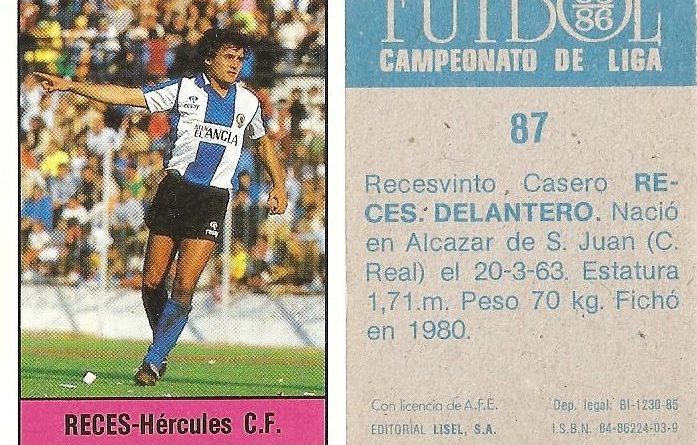 Fútbol 85-86. Campeonato de Liga. Reces (Hércules C.F.). Editorial Lisel.