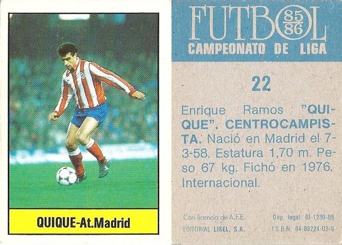 Fútbol 85-86. Campeonato de Liga. Quique (Atlético de Madrid). Editorial Lisel.