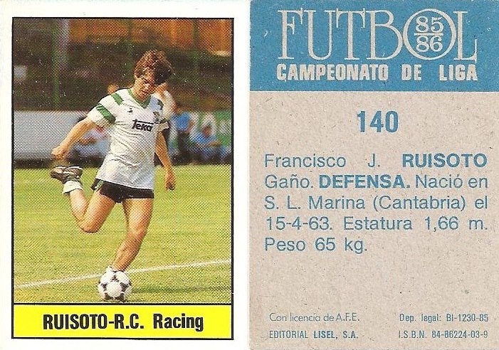 Fútbol 85-86. Campeonato de Liga. Ruisoto (Racing de Santander). Editorial Lisel.