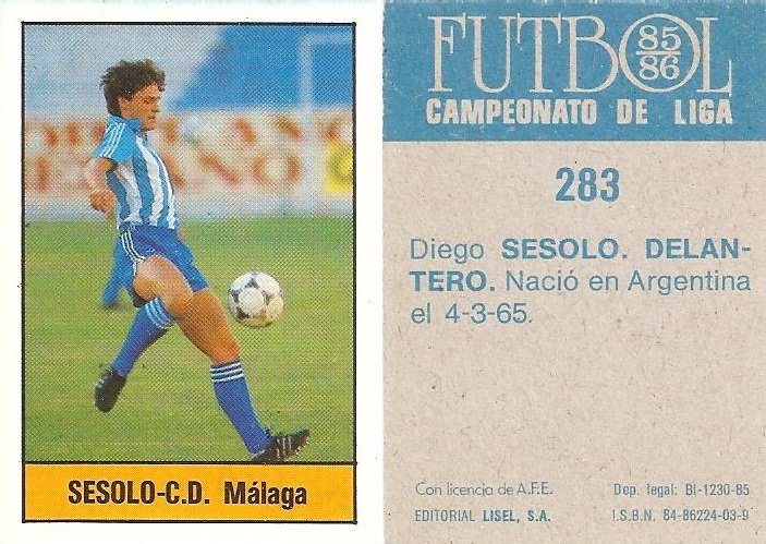 Fútbol 85-86. Campeonato de Liga. Sessolo (C.D. Málaga). Editorial Lisel.