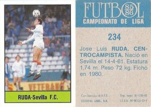 Fútbol 85-86. Campeonato de Liga. Ruda (Sevilla C.F.). Editorial Lisel.