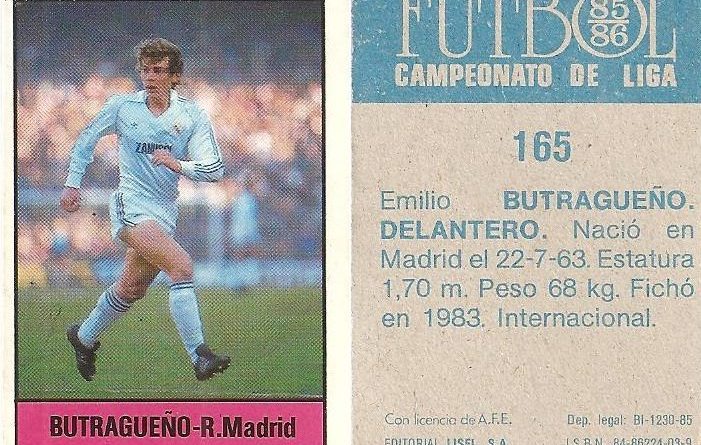 Fútbol 85-86. Campeonato de Liga. Butragueño (Real Madrid). Editorial Lisel.