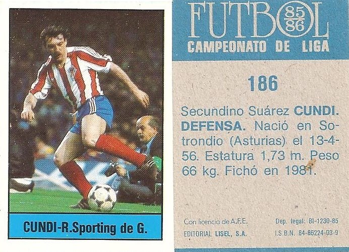 Fútbol 85-86. Campeonato de Liga. Cundi (Real Sporting de Gijón). Editorial Lisel.