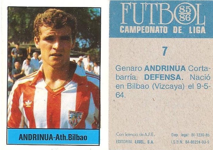 Fútbol 85-86. Campeonato de Liga. Andrinua (Ath. Bilbao). Editorial Lisel.