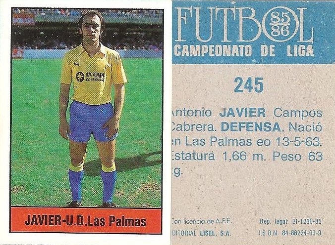 Fútbol 85-86. Campeonato de Liga. Javier (U.D. Las Palmas). Editorial Lisel.