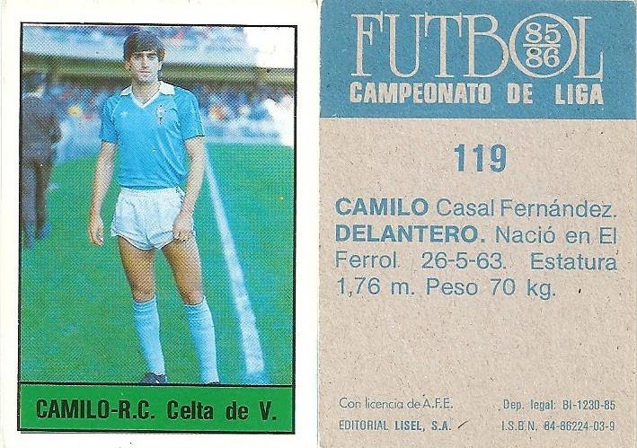 Fútbol 85-86. Campeonato de Liga. Camilo (Real Club Celta de Vigo). Editorial Lisel.