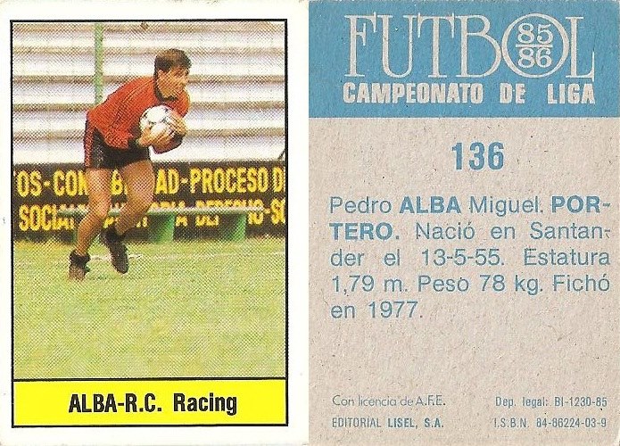 Fútbol 85-86. Campeonato de Liga. Alba (Racing de Santander). Editorial Lisel.