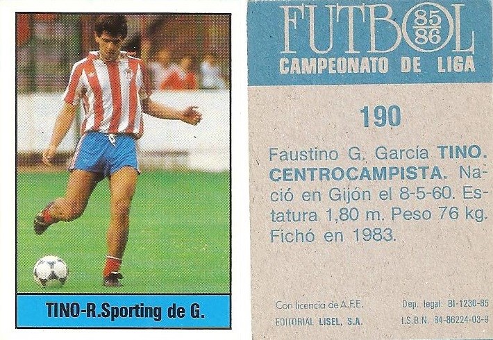 Fútbol 85-86. Campeonato de Liga. Tino (Real Sporting de Gijón). Editorial Lisel.