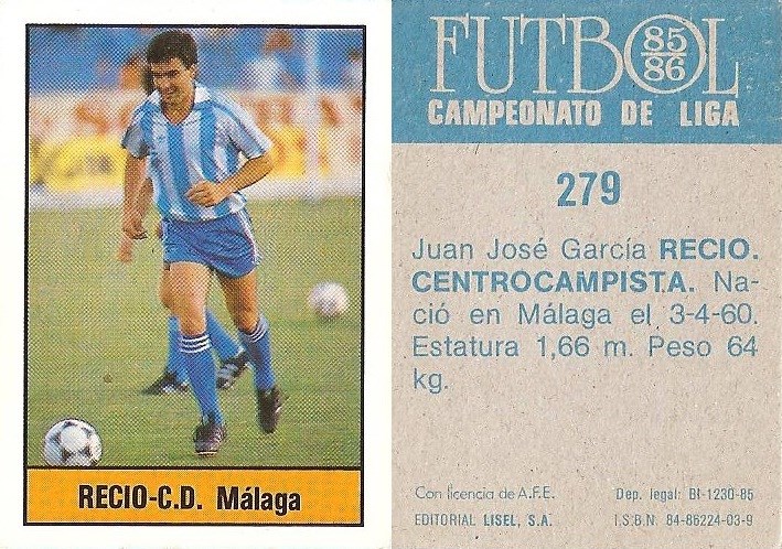 Fútbol 85-86. Campeonato de Liga. Recio (C.D. Málaga). Editorial Lisel.