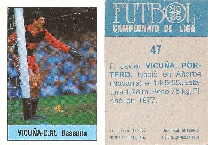 Fútbol 85-86. Campeonato de Liga. Vicuña (Club Atlético Osasuna). Editorial Lisel.