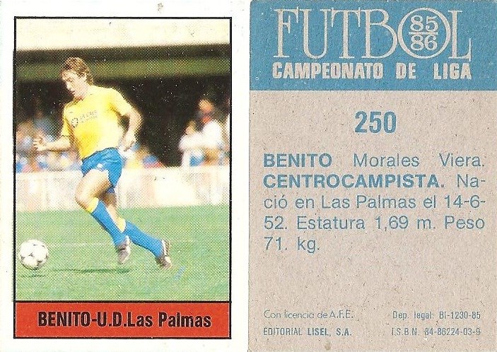 Fútbol 85-86. Campeonato de Liga. Benito (U.D. Las Palmas). Editorial Lisel.