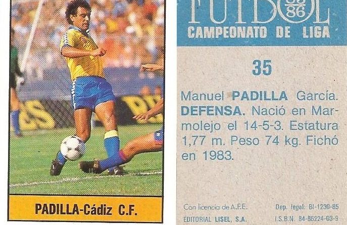 Fútbol 85-86. Campeonato de Liga. Padilla (Cádiz C.F.). Editorial Lisel.