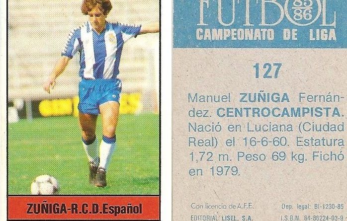 Fútbol 85-86. Campeonato de Liga. Zuñiga (R.C.D. Español). Editorial Lisel.