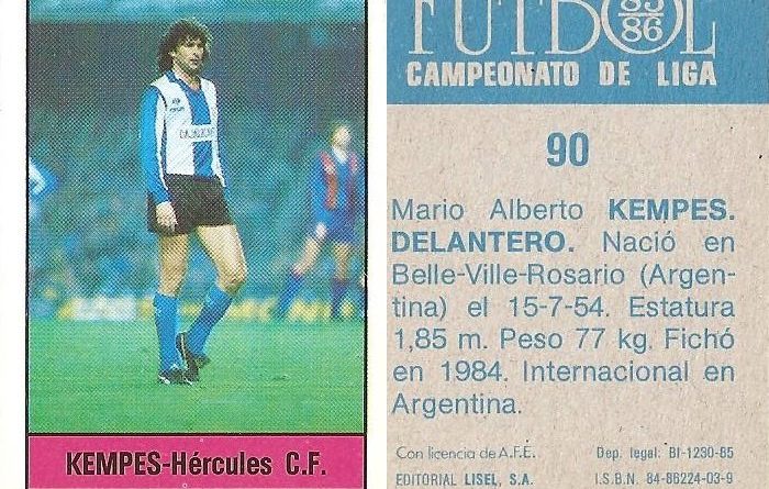 Fútbol 85-86. Campeonato de Liga. Kempes (Hércules C.F.). Editorial Lisel.