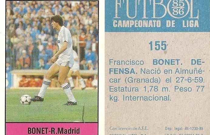 Fútbol 85-86. Campeonato de Liga. Bonet (Real Madrid). Editorial Lisel.