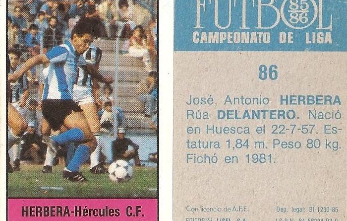 Fútbol 85-86. Campeonato de Liga. Herbera (Hércules C.F.). Editorial Lisel.