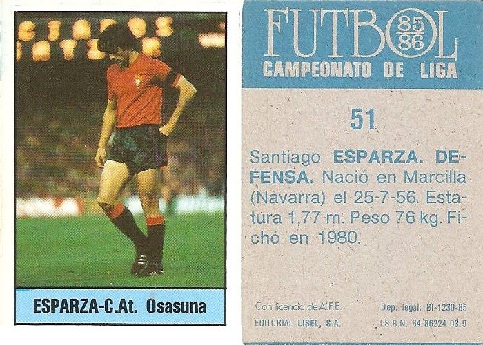Fútbol 85-86. Campeonato de Liga. Esparza (Club Atlético Osasuna). Editorial Lisel
