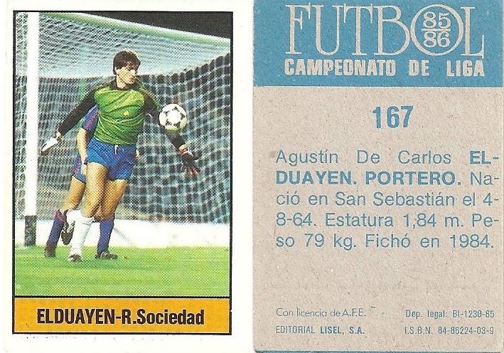 Fútbol 85-86. Campeonato de Liga. Elduayen (Real Sociedad). Editorial Lisel.