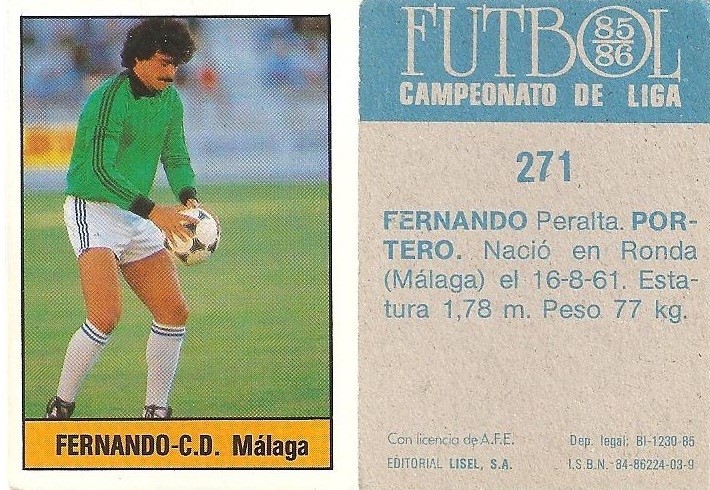 Fútbol 85-86. Campeonato de Liga. Fernando (C.D. Málaga). Editorial Lisel.