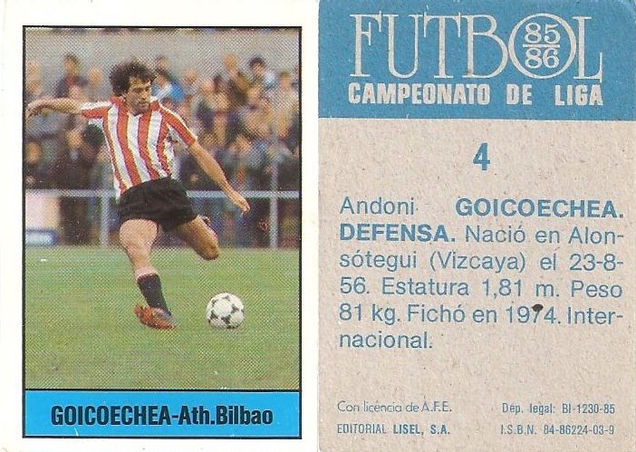 Fútbol 85-86. Campeonato de Liga. Goicoechea (Ath. Bilbao). Editorial Lisel.