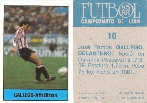 Fútbol 85-86. Campeonato de Liga. Gallego (Ath. Bilbao). Editorial Lisel.
