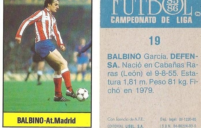 Fútbol 85-86. Campeonato de Liga. Balbino (Atlético de Madrid). Editorial Lisel.