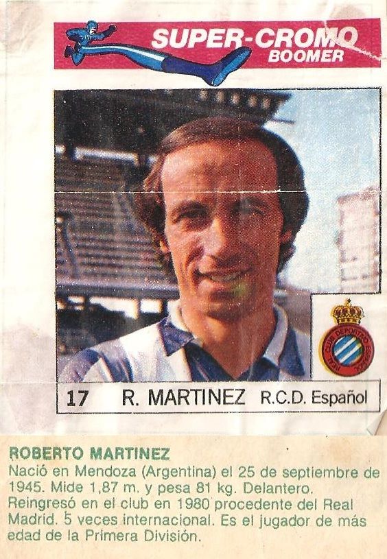 Super Cromos Los Mejores del Mundo (1981). Roberto Martínez (R.C.D. Español). Chicle Fútbol Boomer.