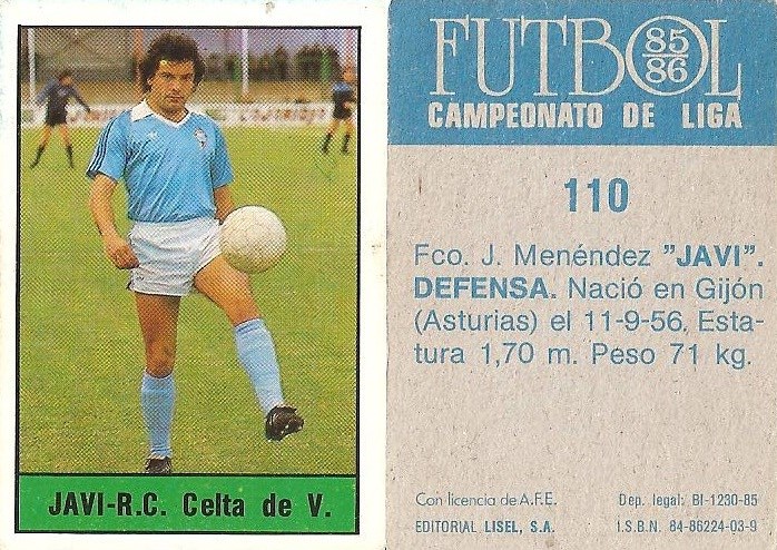 Fútbol 85-86. Campeonato de Liga. Javi (Real Club Celta de Vigo). Editorial Lisel.
