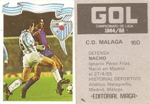 Gol. Campeonato de Liga 1984-85. Nacho (C.D. Málaga). Editorial Maga.
