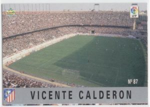 Las fichas de la Liga 97-98. Nº 87. Estadio Vicente Calderón (Atlético de Madrid). Editorial Mundicromo.
