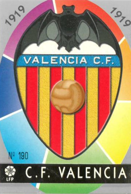 Las fichas de la Liga 97-98. Nº 190. Escudo (Valencia C.F.). Editorial Mundicromo.