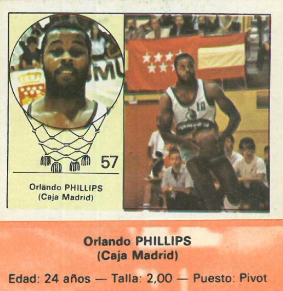 Campeonato Baloncesto Liga 1984-1985. Orlando Phillips (Caja Madrid). Ediciones J. Merchante - Clesa. 📸: Emilio Rodríguez Bravo.