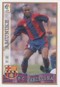 Las fichas de la Liga 97-98. Nº 39. Amunike (F.C. Barcelona). Editorial Mundicromo.