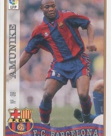 Las fichas de la Liga 97-98. Nº 39. Amunike (F.C. Barcelona). Editorial Mundicromo.