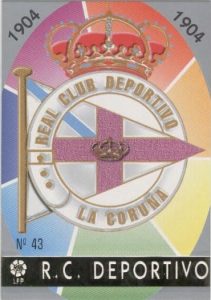 Las fichas de la Liga 97-98. Nº 43. Escudo del R.C. Deportivo de La Coruña (R.C. Deportivo de La Coruña). Editorial Mundicromo.