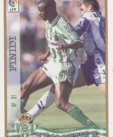 Las fichas de la Liga 97-98. Nº 81. Finidi (Real Betis). Editorial Mundicromo.